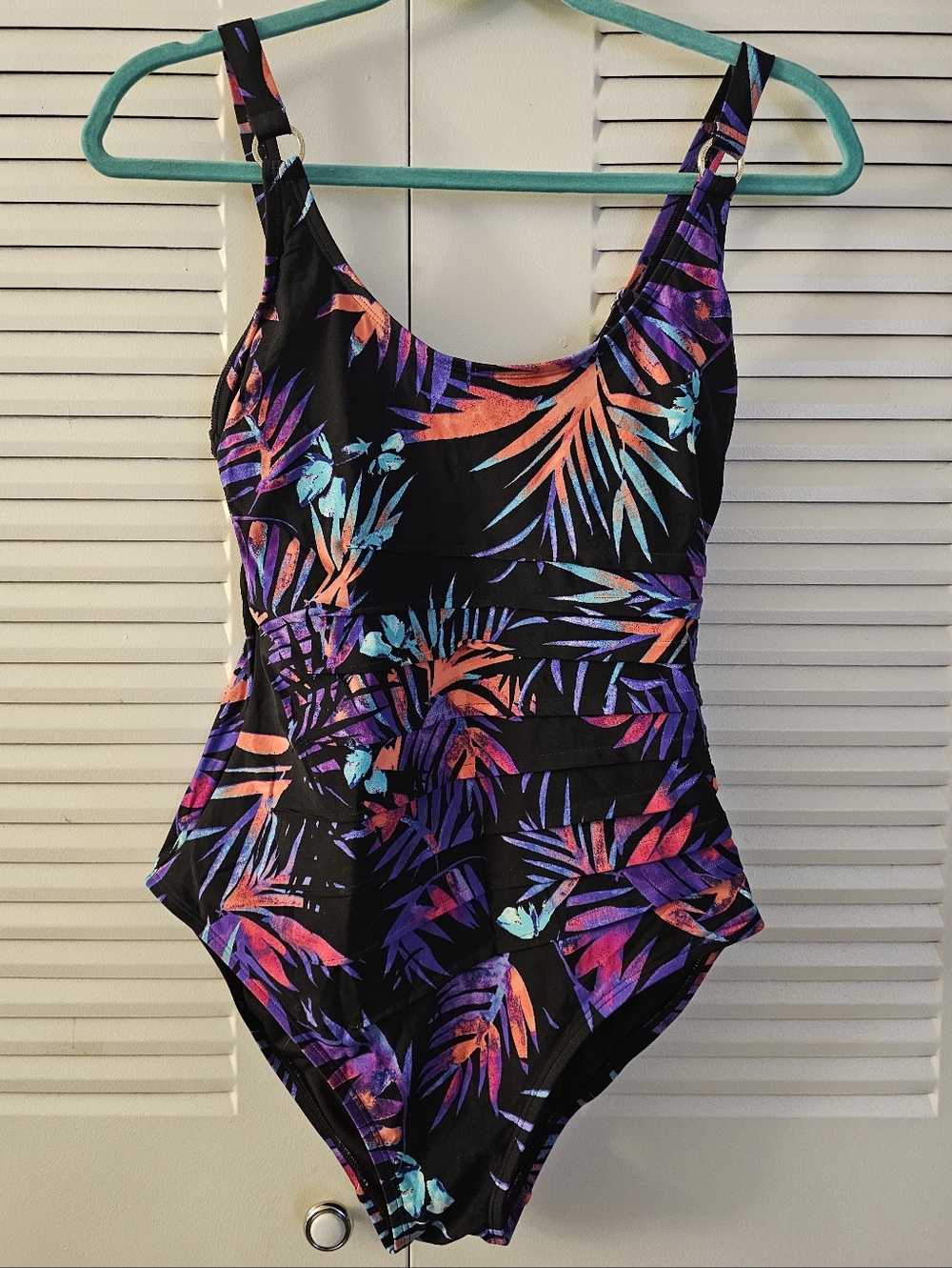 Calvin Klein Starburst Colorful Leaf Print & Black One-Piece Swimsuit - Size 10